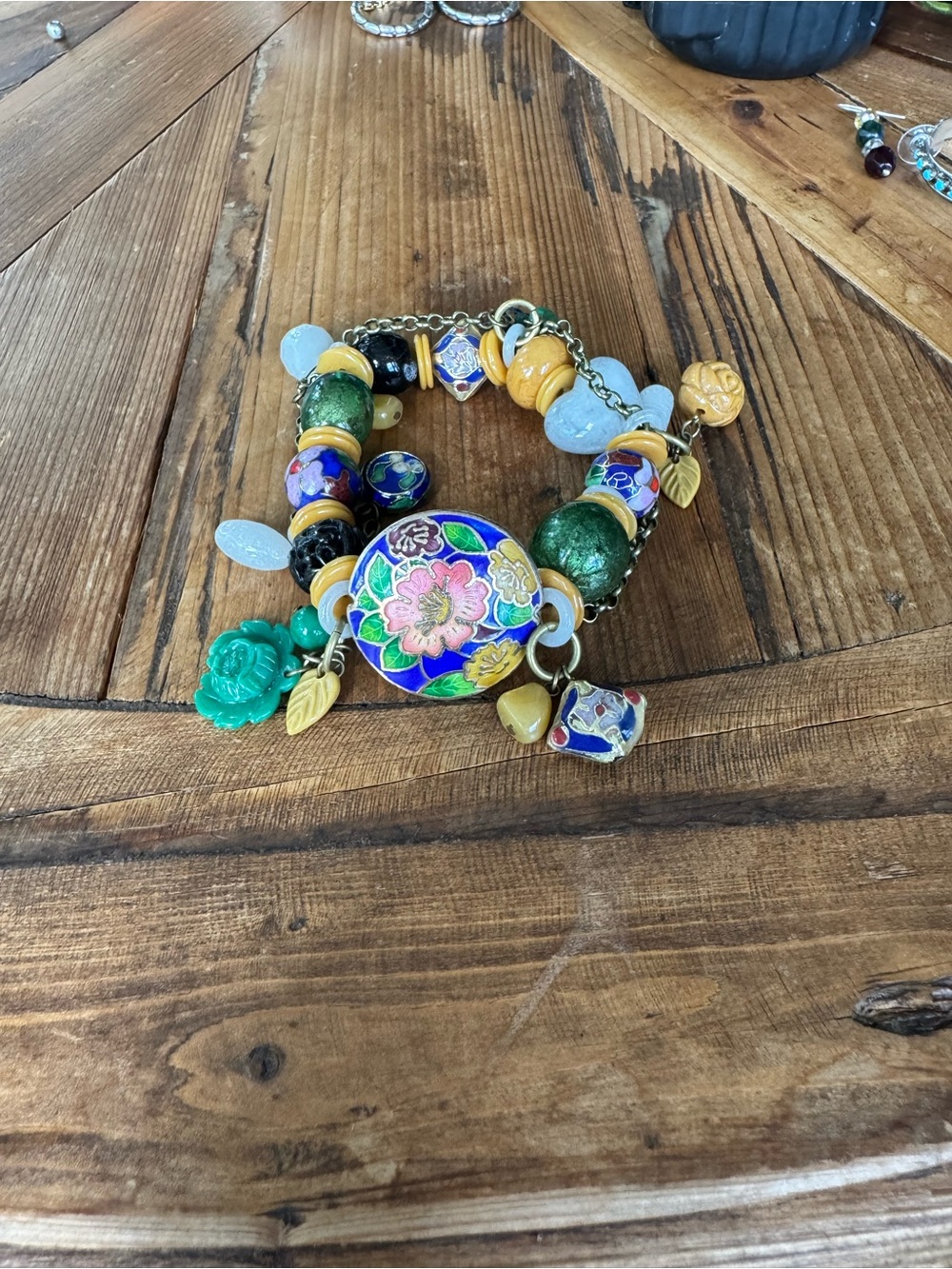 Green & Multicolor Floral Cloisonné Charm Bracelet - Women Jewelry
